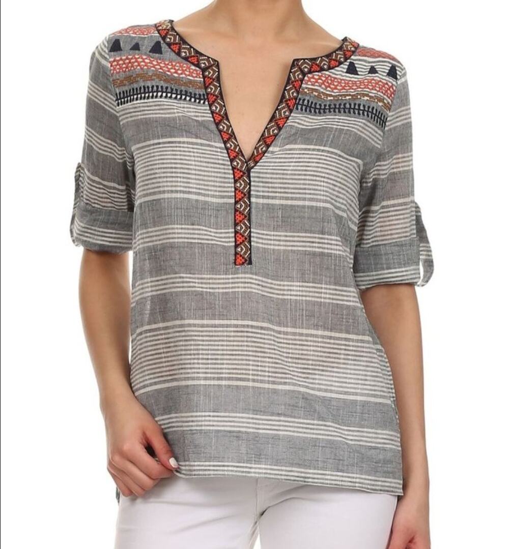 THML Cotton Boho Striped Embroidered Top MEDIUM Peasant Cottagecore Split Back
